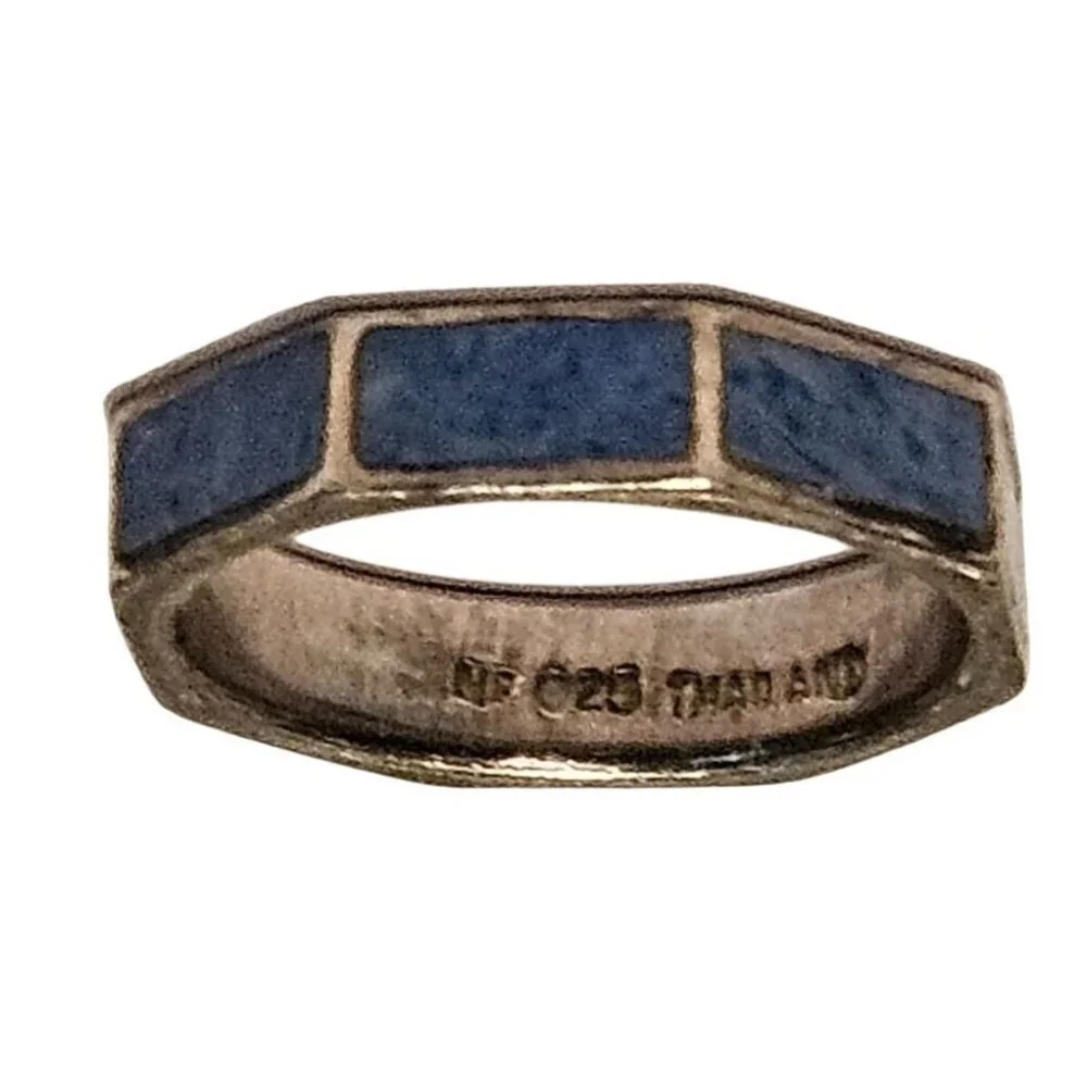 Sterling Silver Ring Toe Pinky‎ W/ Blue Enamel Inlay Octagon